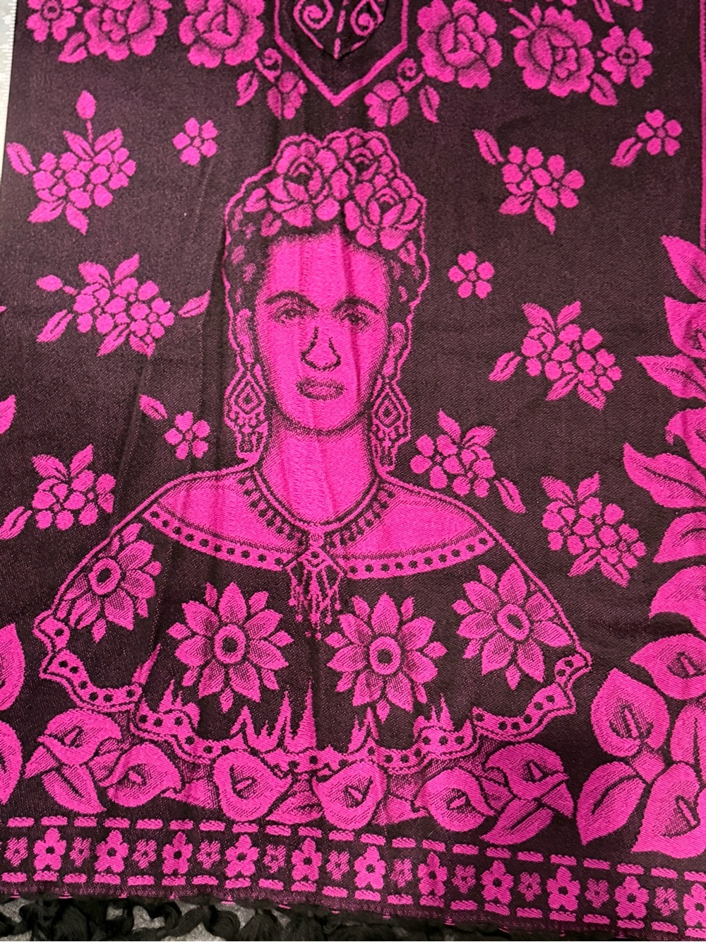 Frida Portrait Floral Wrap - Women's Hot Pink & Black Poncho/wrap
